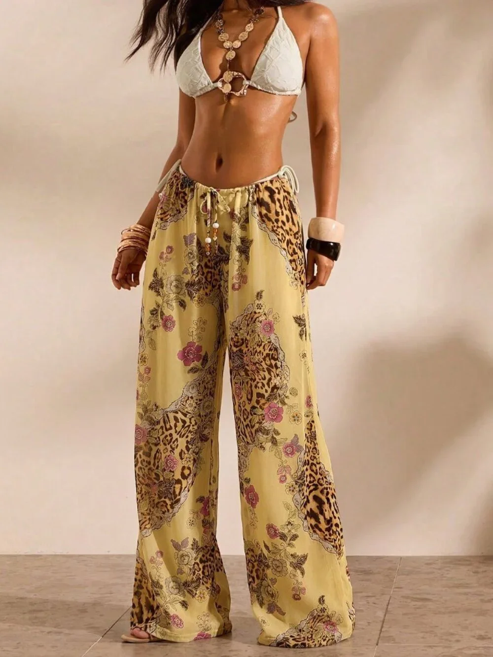 Multicolor Women's Floral Print Casual Vacation Cover-Up sheer Pants